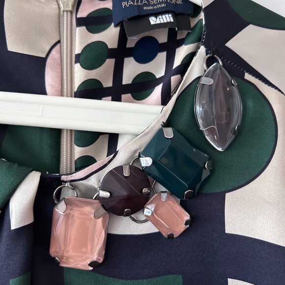 Piazza Sempione Geometric Silk Shift Dress with Neck Embellishment Jewels - Picture 2 of 9